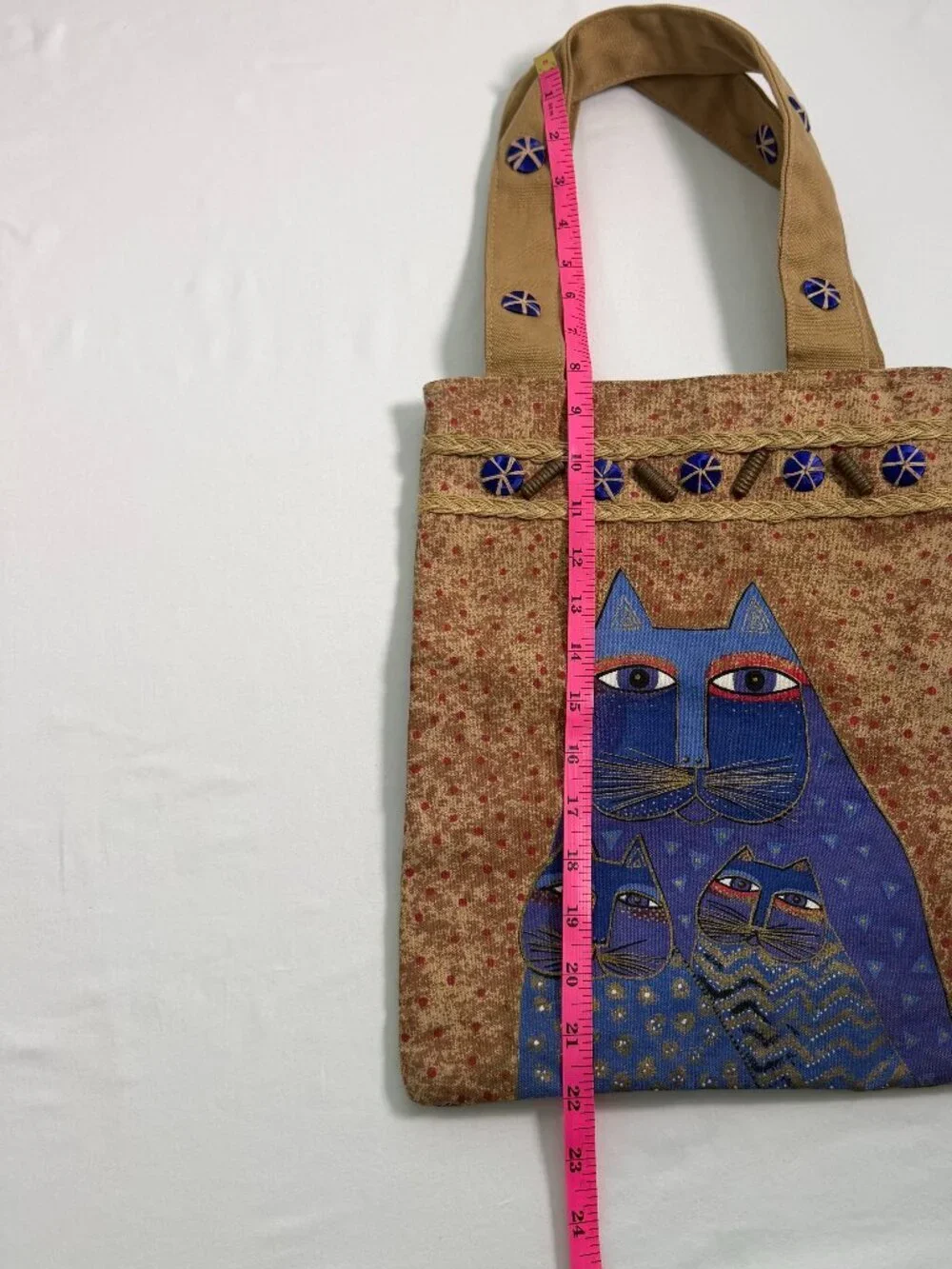 Laurel Burch Cat Tote Bag Vintage Style Canvas Handbag Blue Cats Folk Art Zipper